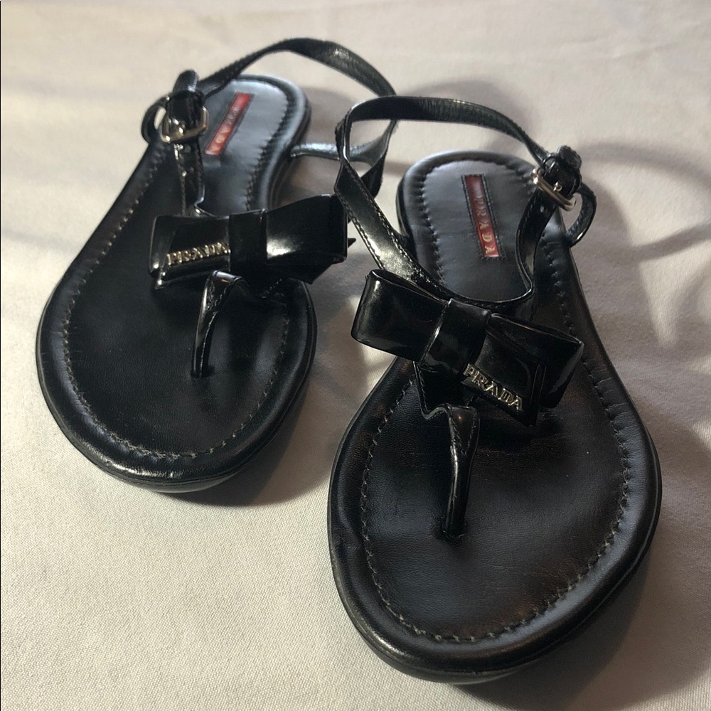 Prada Glossy Black Sandals with Bow Accent